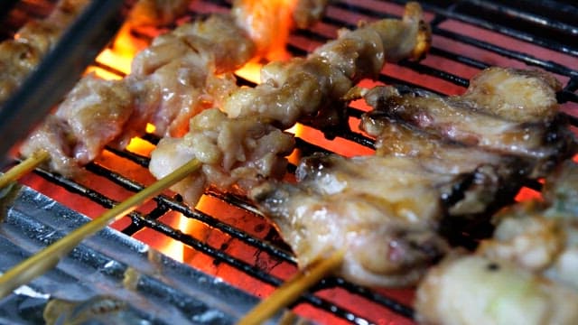 Skewered meat grilling over hot coals