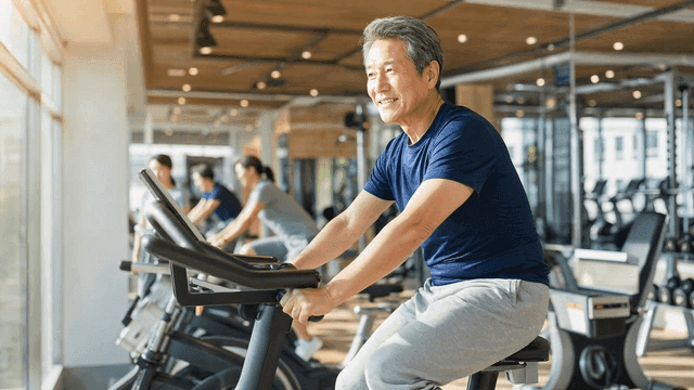 Elderly man riding stationary bike at gym