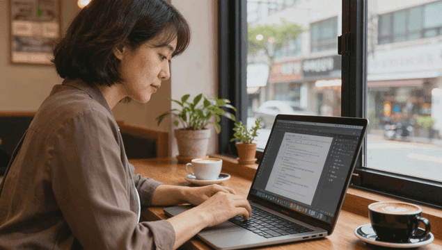 Woman working on laptop in cafe