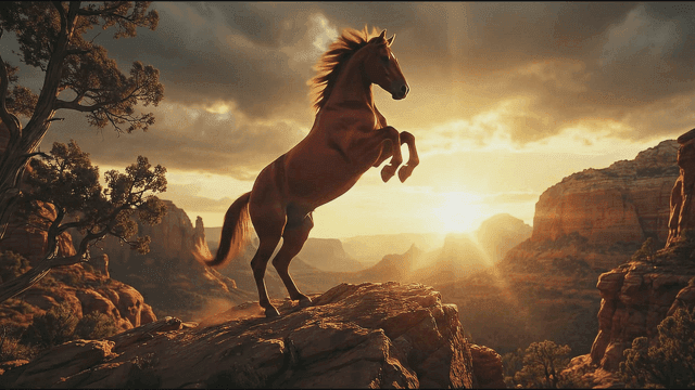 Horse standing on rocky cliff at sunrise