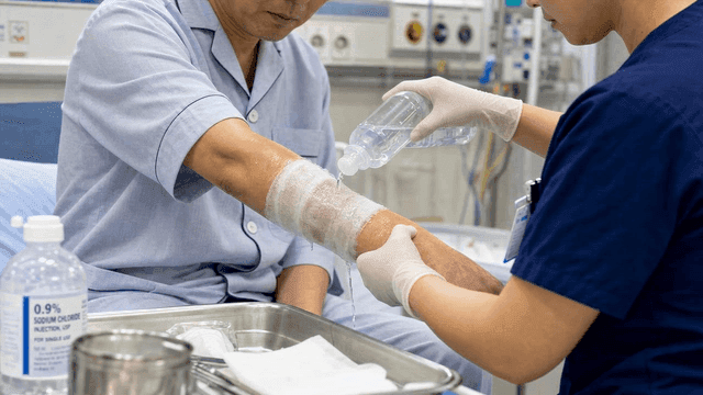 Nurse pouring disinfectant onto gauze on patient's arm.