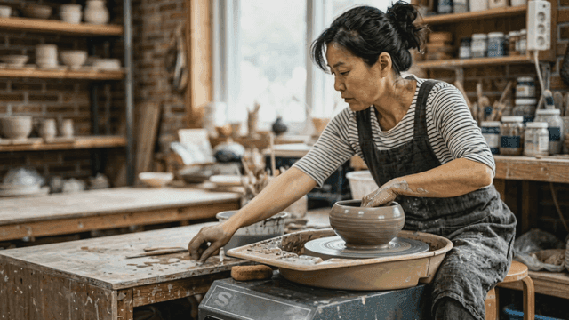 Woman making pottery in workshop