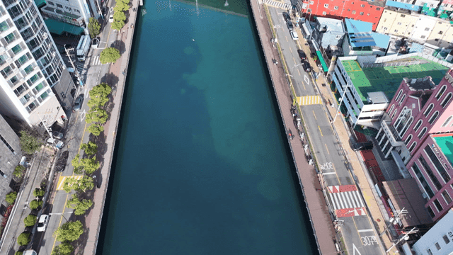 Aerial view of a canal in a city