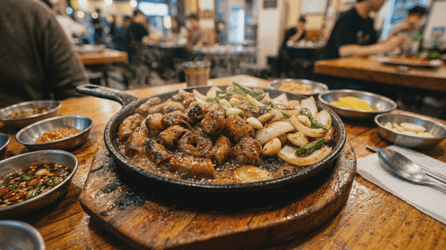 Grilled intestines and vegetables on a pan