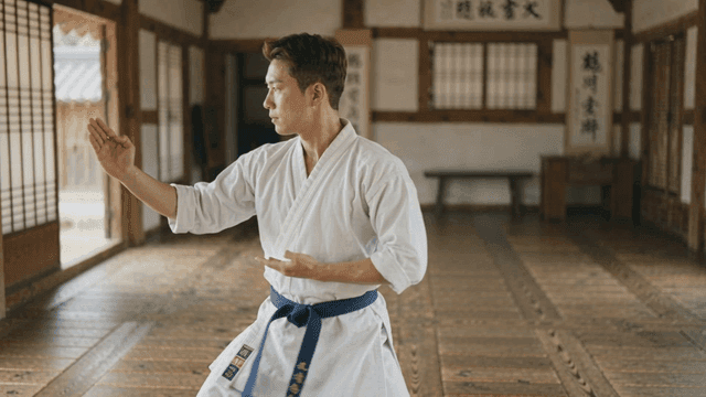Martial artist practicing martial arts in traditional room