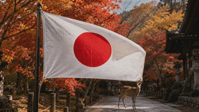 Japanese flag waving with a deer nearby