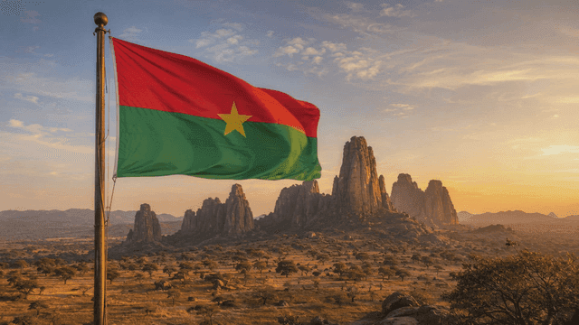 Burkina Faso flag fluttering in front of rocky mountain
