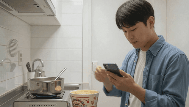 휴대폰을 보며 면 요리를 하는 젊은 남자
