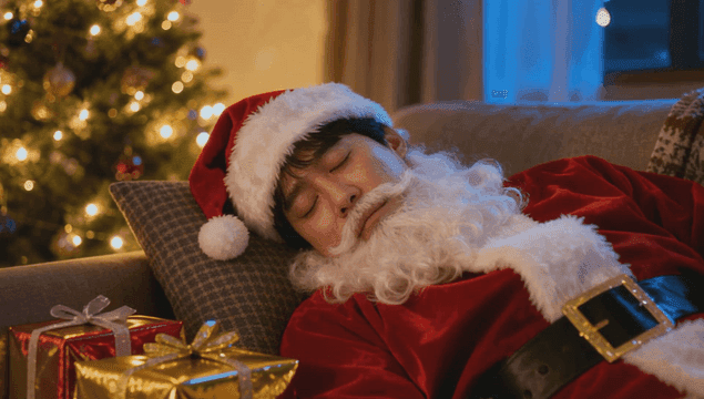 선물이 있는 소파에서 잠든 산타옷 입은 아빠