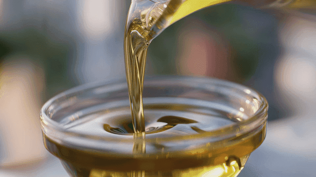 유리 그릇에 붓는 황금빛 올리브 기름