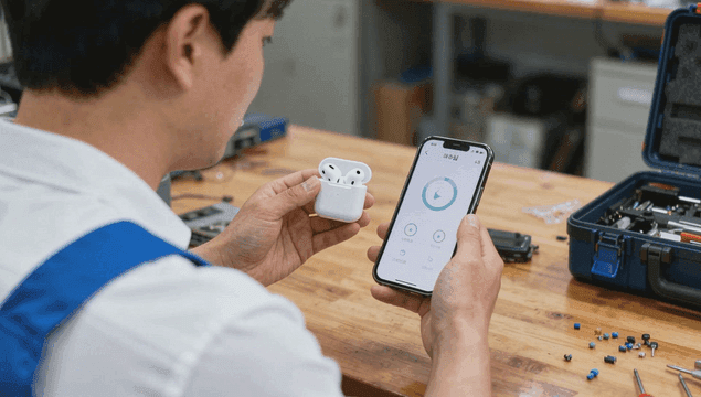 무선 이어폰을 테스트하는 기술자