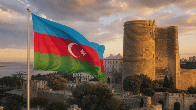 Azerbaijan flag waving near historic tower