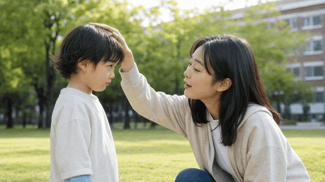 Woman gently stroking child's head in park