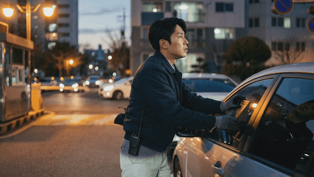 Security guard sticking parking ticket on car window