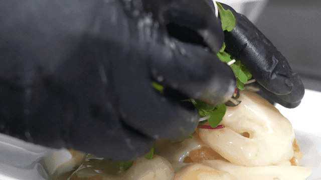 Creamy shrimp dish topped with generous amount of radish sprouts