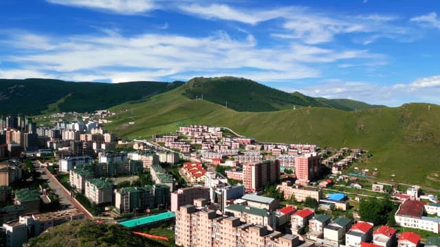 녹색 언덕을 배경으로 한 도시 풍경