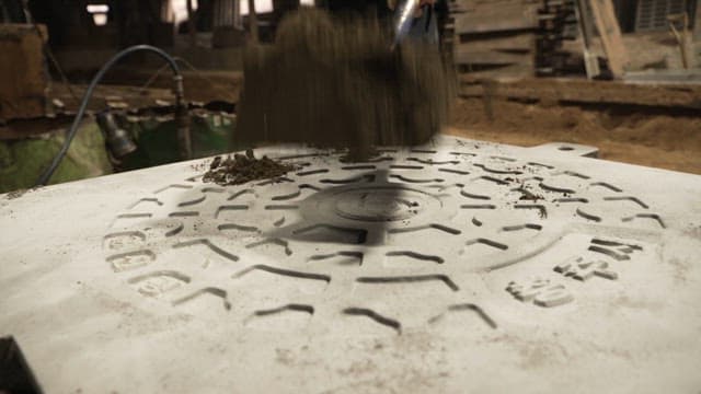 Worker shaping sand on a mold indoors