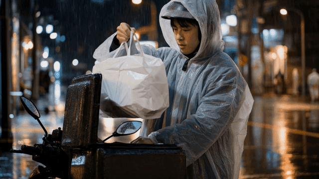 비 오는 밤 배달 음식을 꺼내는 배달원