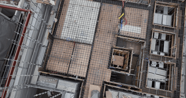 Construction site with materials and scaffolding