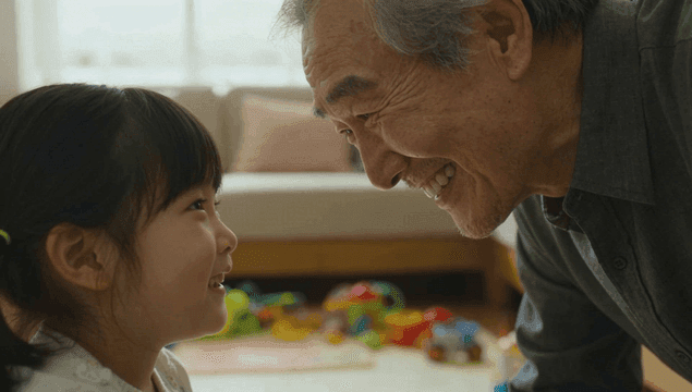 서로를 보며 웃고 있는 할아버지와 손녀