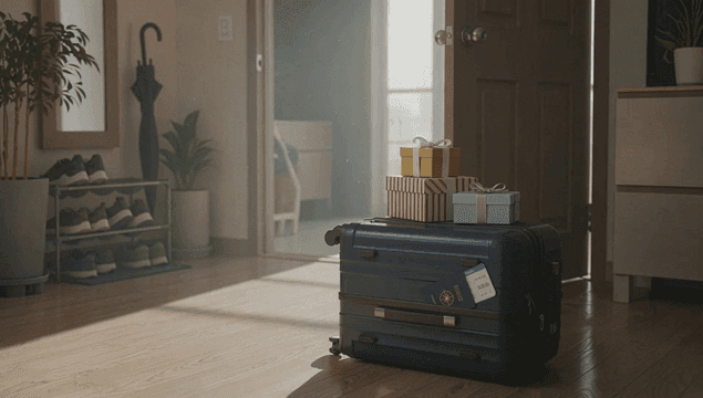 Luggage and gifts in a sunlit hallway