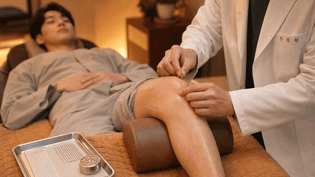 Korean medicine doctor administering acupuncture to patient's knee