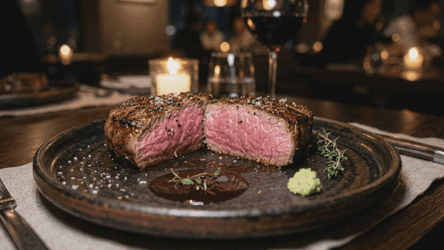 Juicy steak served at cozy restaurant