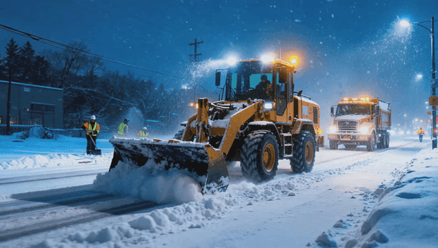 Snowplow clears snow-covered road.