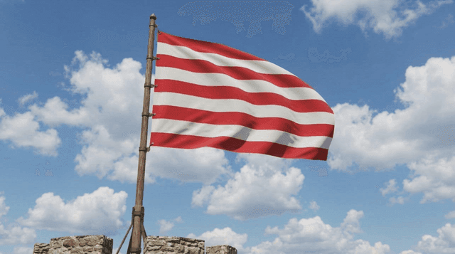 Flag of Majapahit Empire fluttering in cloudy blue sky