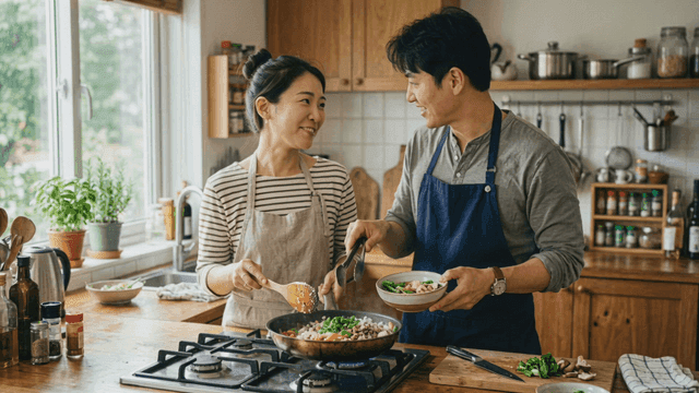 Couple cooking together in a cozy kitchen