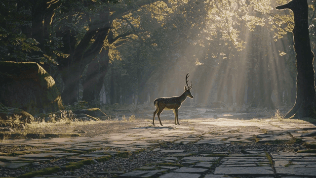 Deer standing on sunlit forest path