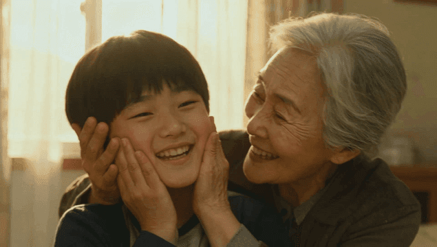 Grandmother touching grandchild’s cheek