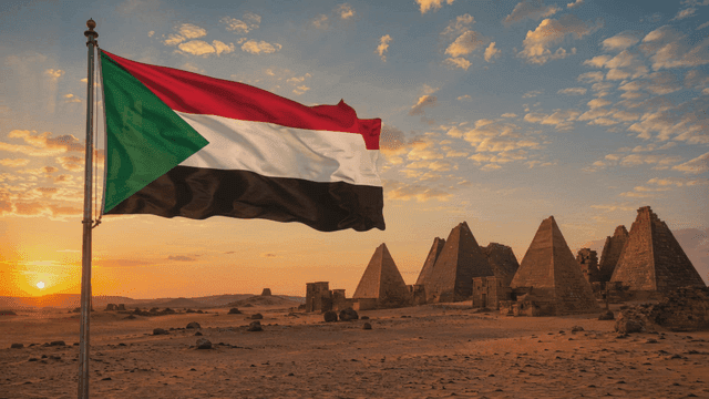 Desert pyramids and flag of Republic of Sudan at sunset