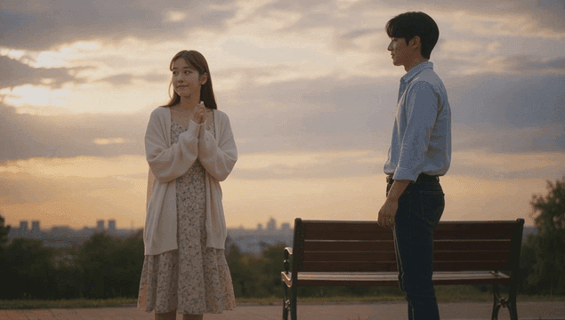 해 질 무렵 벤치 앞에 서 있는 커플