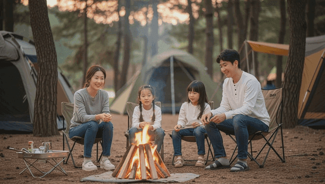 Family enjoying a campfire in the forest