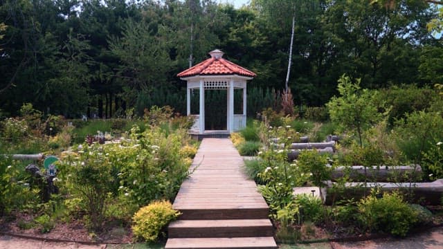 Serene gazebo in a lush garden surrounded by greenery.