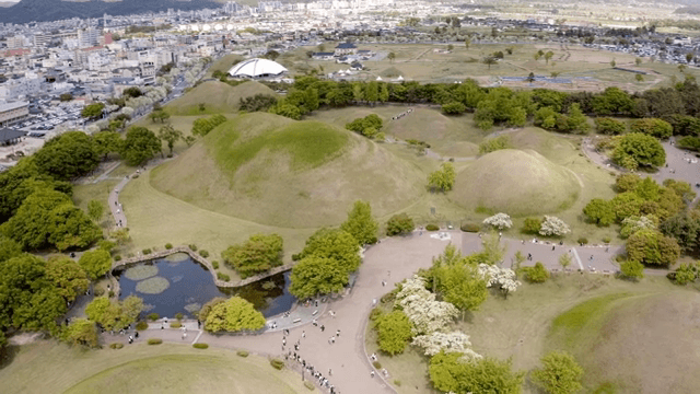 고분이 있는 역사 공원의 항공 뷰