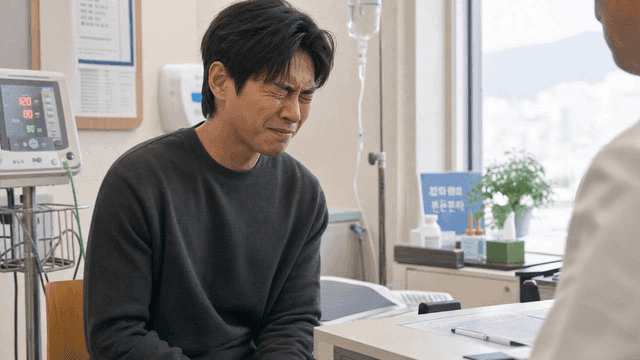 Male patient crying in pain in examination room