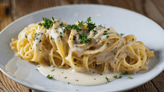 Creamy pasta garnished with parsley