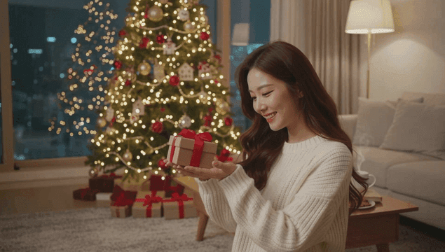 크리스마스 거실에서 선물을 들고 웃는 젊은 여성