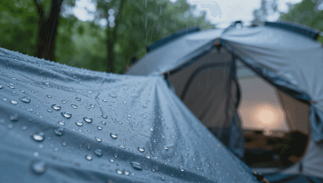 Rain falling over forest tent
