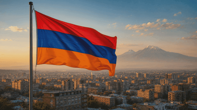 City skyline with Armenian flag at sunset