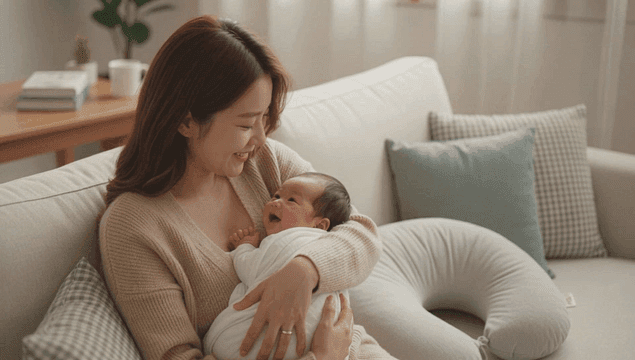 거실 소파에서 아기를 사랑스럽게 안고 있는 엄마