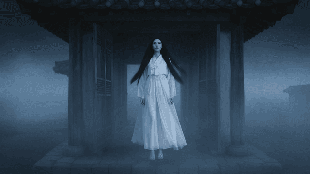 Woman in Hanbok standing in foggy courtyard