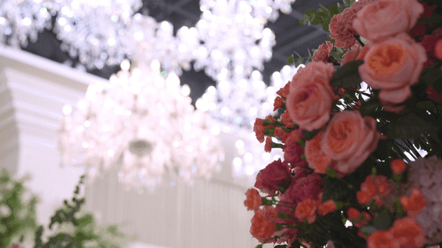 Elegant chandeliers and floral decorations