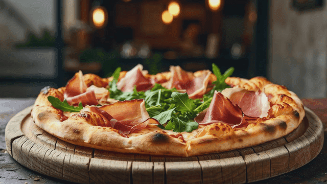 Delicious pizza topped with prosciutto and arugula.