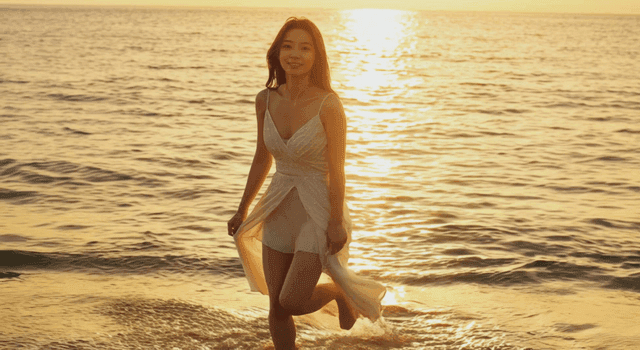 노을 진 바닷가를 걷는 여성