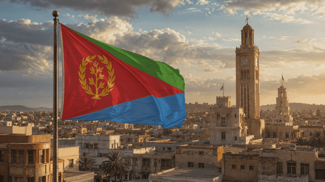 Cityscape with Eritrean flag and clock tower