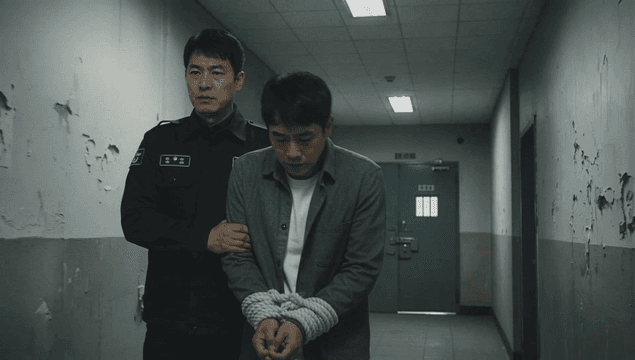 구치소 복도에서 수갑을 찬 남성을 호송하는 간수