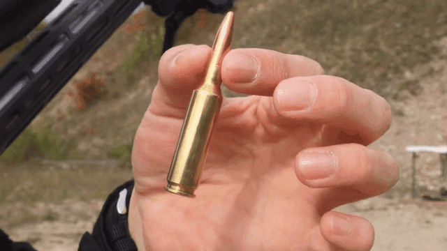 Person holding rifle bullet